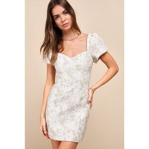 Lulus Sweetest Essence Cream Floral Jacquard Puff Sleeve Mini Dress Beige